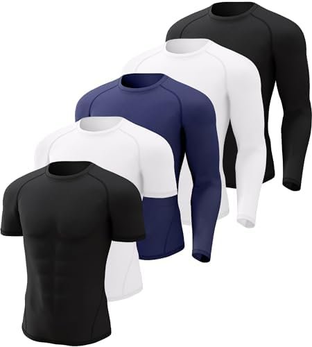 5 Pack Compression Shirt Men Long/Short Sleeve Dri Fit Shirts Rash Guard Cooling Athletic Workout Tops