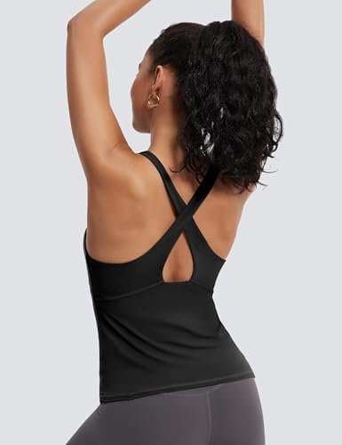 Womens Cross Back Workout Tank Tops-with Built in Bra, High Neck Athletic Yoga Gym Tank Tops