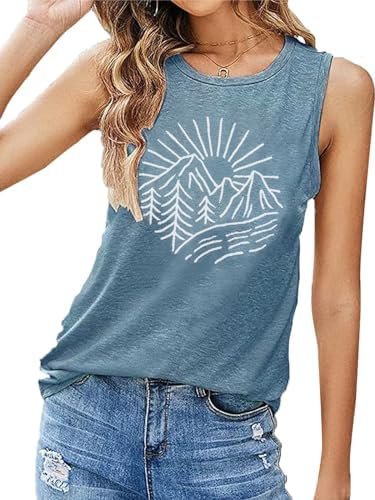 Hiking Mountain Tank Tops for Women Funny Pine Tree Sunrise Graphic Workout Tanks Summer Sleeveless Loose Fit Shirts Tops