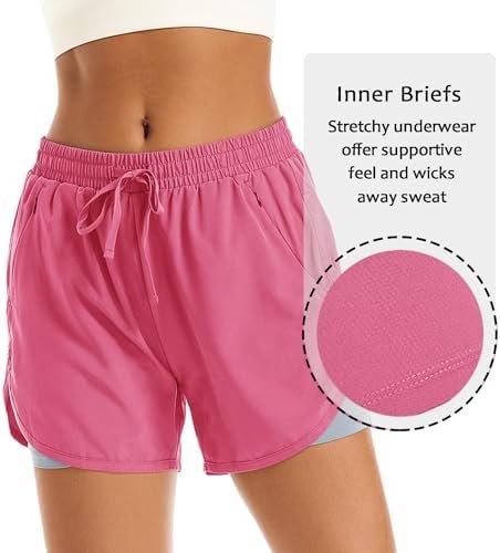 Women's 2 in 1 Athletic Running Shorts High Waisted Workout Casual Gym Sweat Shorts Mesh Comfy Liner Zipper Pockets