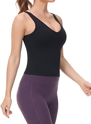 Workout Tops for Women Yoga Tank Tops with Built in Bra Wirefree Padded Yoga Bras Gym Running Athletic Shirt V-Neck Camisole