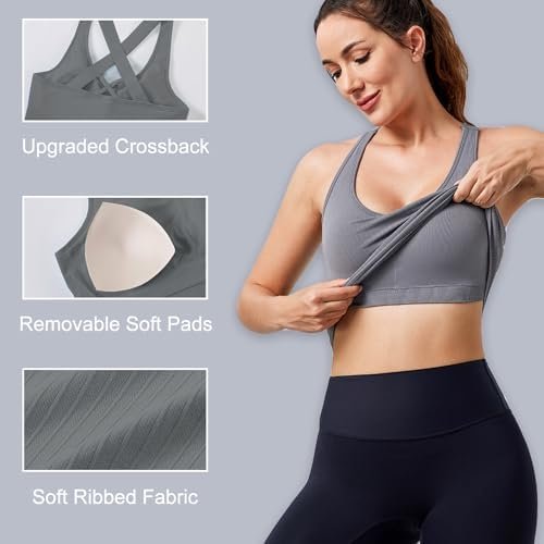 Workout Yoga Crop Tank Tops for Women Criss Cross Strappy Tops with Built in Bra Ribbed Seamless High Impact Tanks