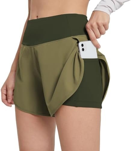 Women's 2 in 1 Running Athletic Shorts with Liner Lightweight Quick-Dry Workout Active Yoga Shorts with Pockets