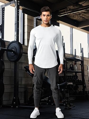 Mens Long Sleeves Muscle Casual Hipster Shirts Gym Workout Athletic Tops Pullover Curve Hem Tees