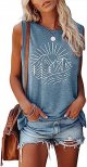 Hiking Mountain Tank Tops for Women Funny Pine Tree Sunrise Graphic Workout Tanks Summer Sleeveless Loose Fit Shirts Tops