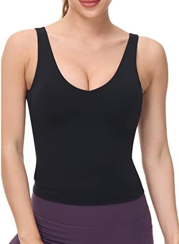 Workout Tops for Women Yoga Tank Tops with Built in Bra Wirefree Padded Yoga Bras Gym Running Athletic Shirt V-Neck Camisole