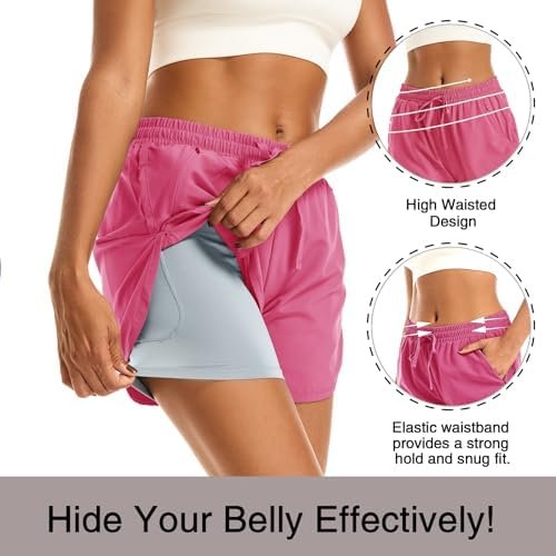 Women's 2 in 1 Athletic Running Shorts High Waisted Workout Casual Gym Sweat Shorts Mesh Comfy Liner Zipper Pockets