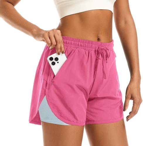 Women's 2 in 1 Athletic Running Shorts High Waisted Workout Casual Gym Sweat Shorts Mesh Comfy Liner Zipper Pockets